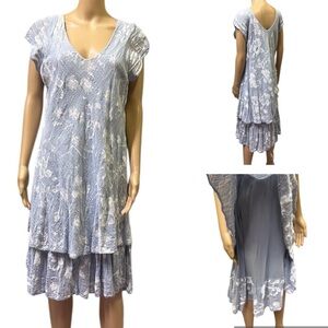 Luca Vanucci Italy Cotton Blue White Floral Lagenlook Cap Sleeve Dress Womens XL